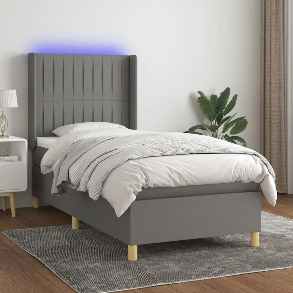 Cama box spring c/ colchão e LED 100x200 cm tecido cinza-escuro