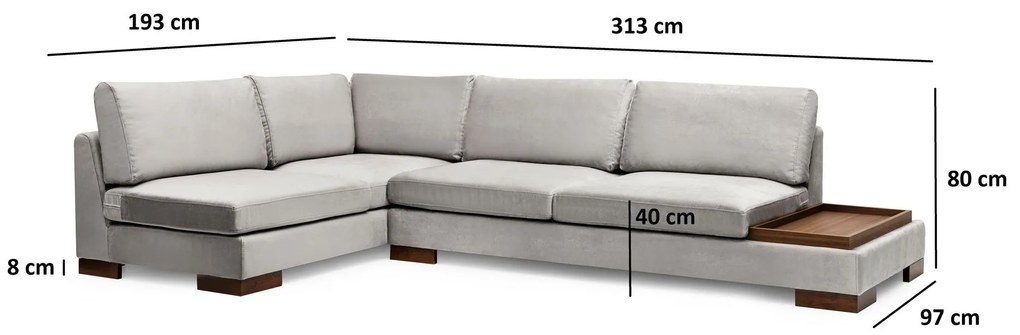 Sofá de Canto Tulip - Cinza Claro - 193 cm x 313 cm x 97 cm x 80 cm