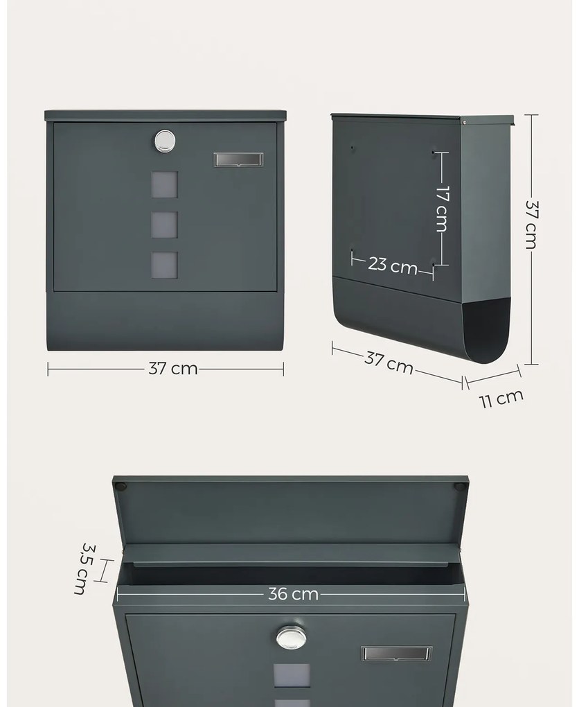 Caixa de correio com fechadura e compartimento para jornais 11 x 37 x 37 cm Antracite