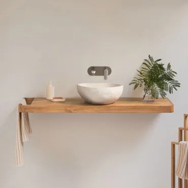 Conjunto De Móvel De Casa De Banho 130x45 Cm Suspenso Em Madeira De Teca Neill Madeira De Teca & Irregular Em Cimento Branco - Sklum