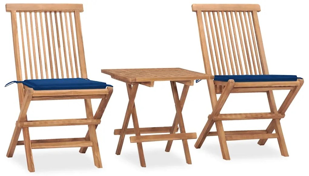3 pcs conj. jantar dobrável exterior c/ almofadão teca maciça