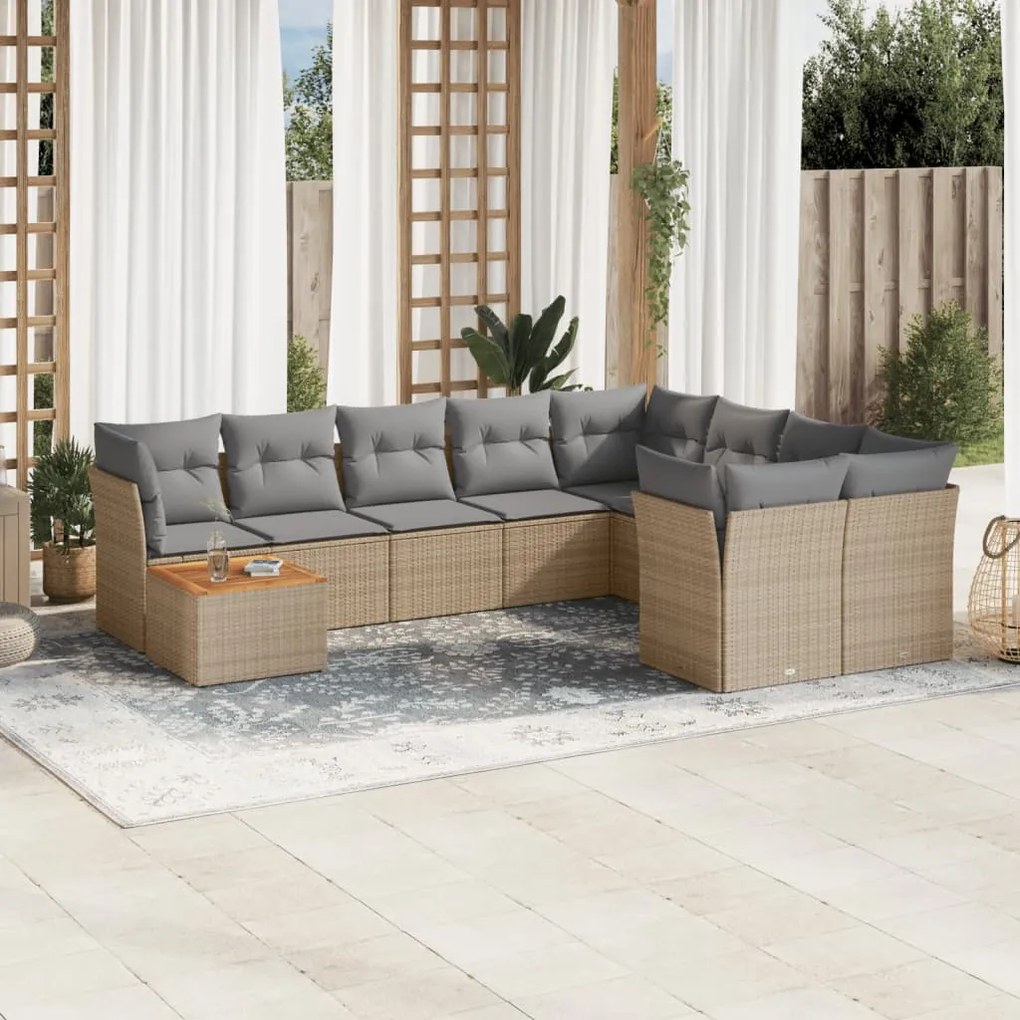 10 pcs conj. sofás jardim c/ almofadões vime PE bege misturado