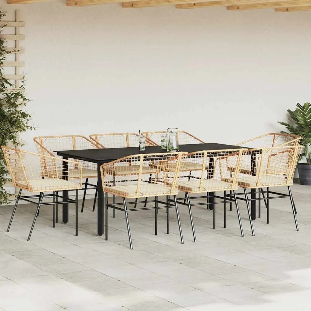 Conjunto jantar jardim 9 peças almofadas vidro vime PE castanho