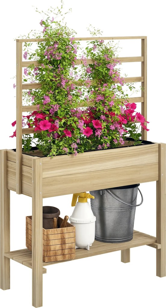 Floreira com pés, floreira de jardim com pés, treliça e prateleira, em madeira, 88 x 37 x 137 cm, madeira natural