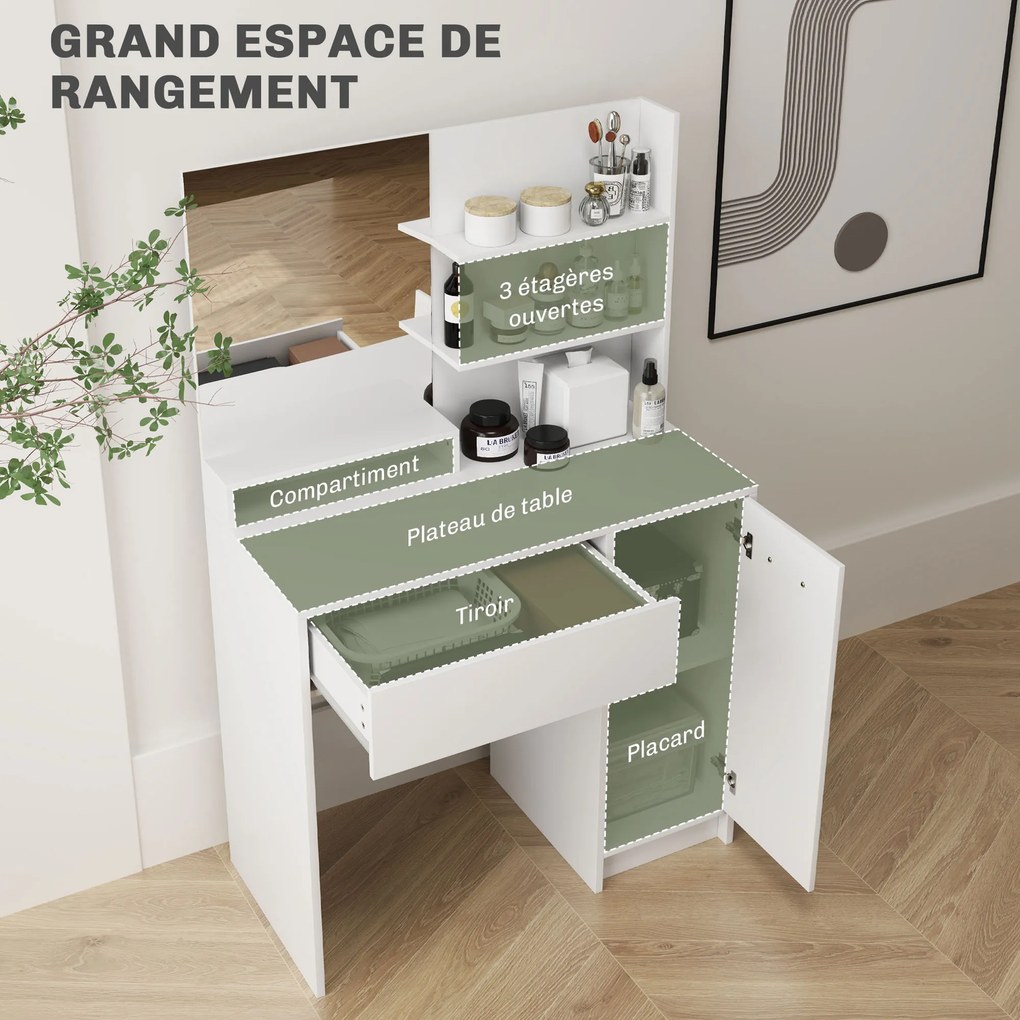 Conjunto de Toucador com Espelho e Banco, 80 x 40 x 132 cm, Grande Espaço de Arrumação, Branco
