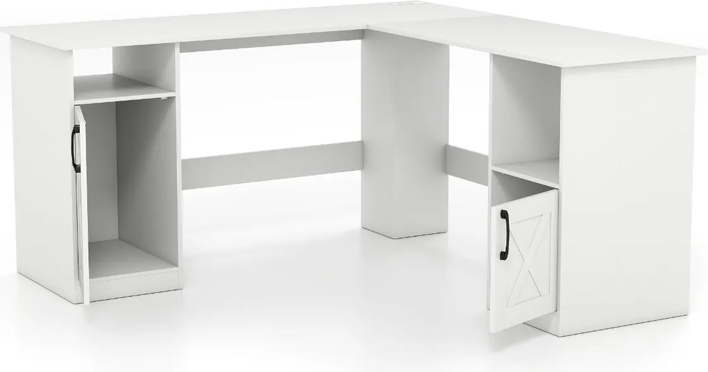 Secretária de canto em L com estação de carregamento 150 x 150 x 76 cm, prateleiras abertas, portas e estante de 2 níveis – para trabalho, jogos e est