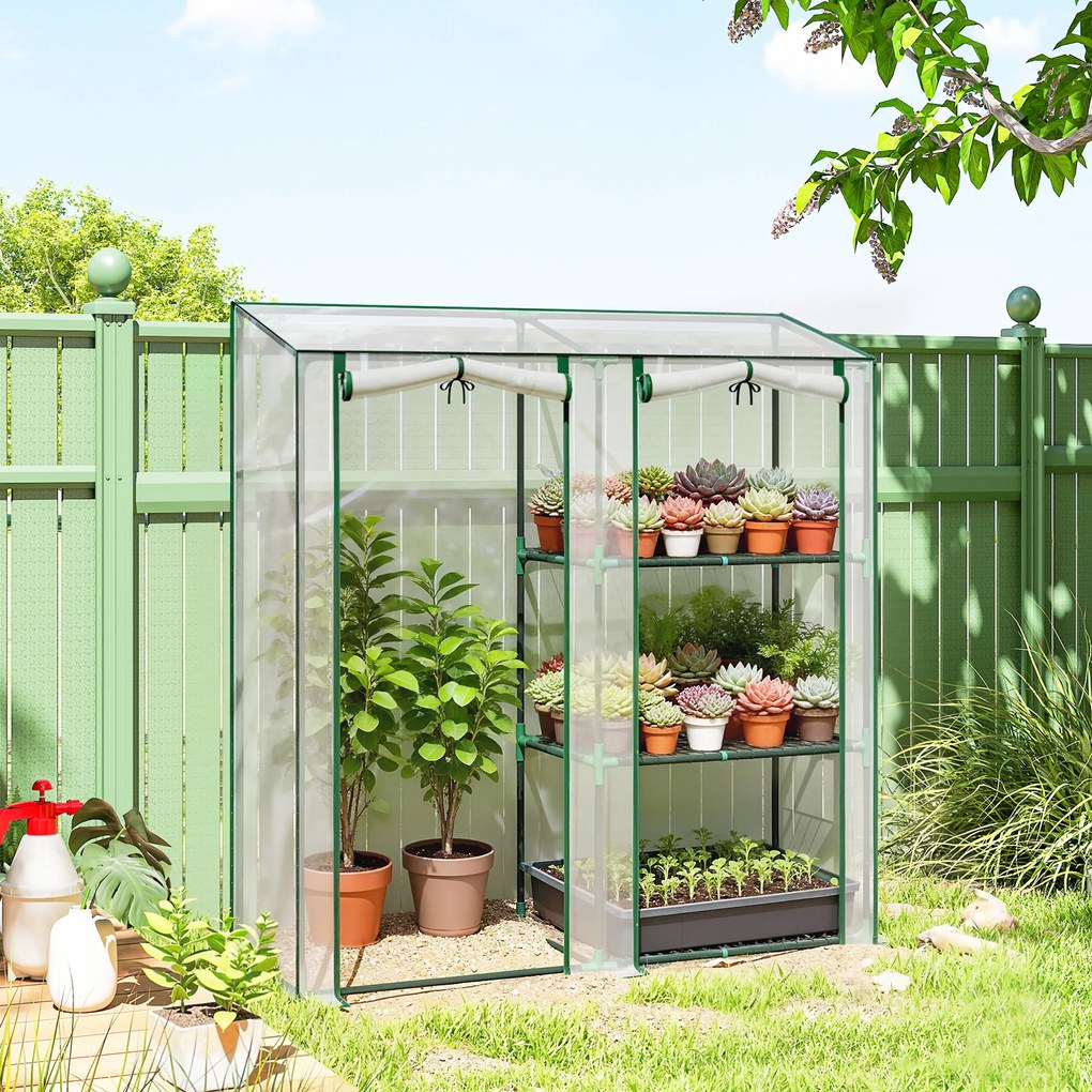 Estufa de jardim com prateleiras de 3 níveis 143 L x 45 P x 151 A cm, pequena estufa em lona de PVC e estrutura de aço, 2 portas de rodas, transparent