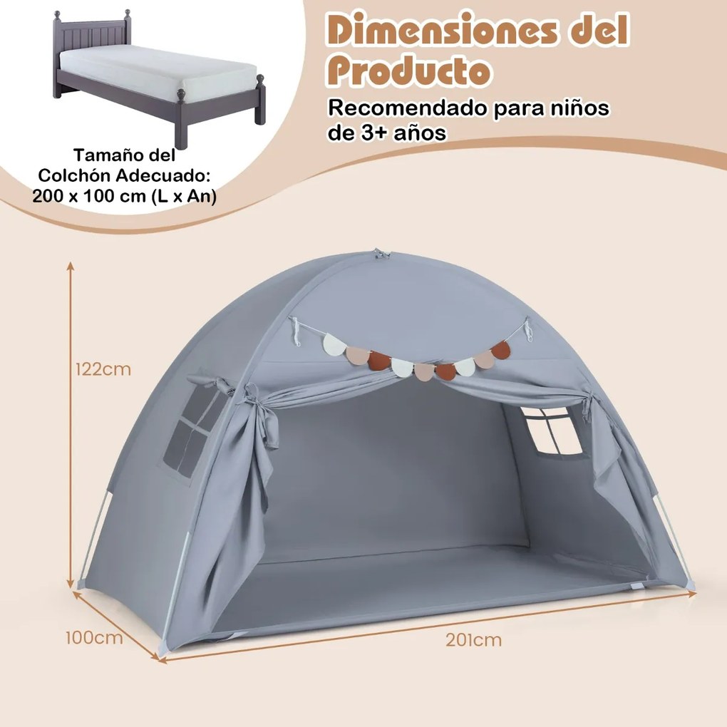 Tenda dobrável e portátil brincar para crianças 201 x 100 x 122 cm com 2 janelas e bandeiras para beliches duplos Cinzenta
