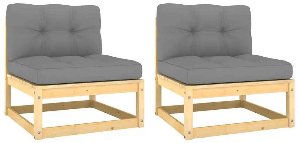 Sofás de centro jardim c/ almofadões cinza 2 pcs pinho maciço