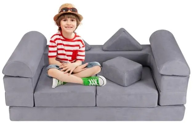 Sofá modular de espuma conversível para crianças, conjunto de sofá infantil macio para salas de jogos pequenas, cinza