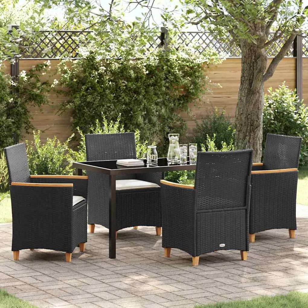 vidaXL Conjunto de Jantar de Jardim com 5 Peças e Almofadas Preto em Rattan de Polipropileno