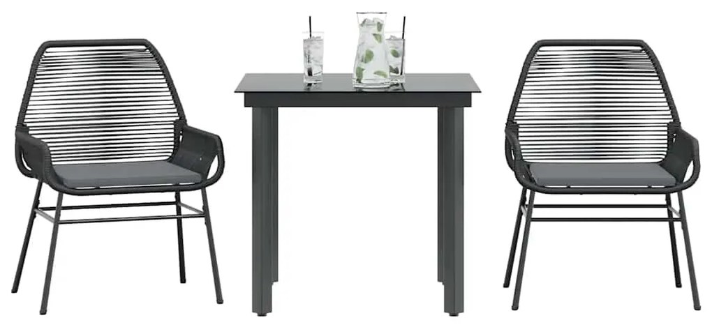 3 pcs conjunto jantar jardim almofadões vime PE vidro preto