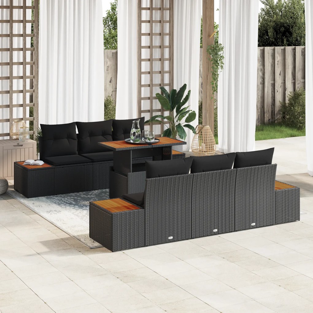 vidaXL Conjunto de Jantar de 7 Peças com Almofadas Preto Rattan Sintético Acácia