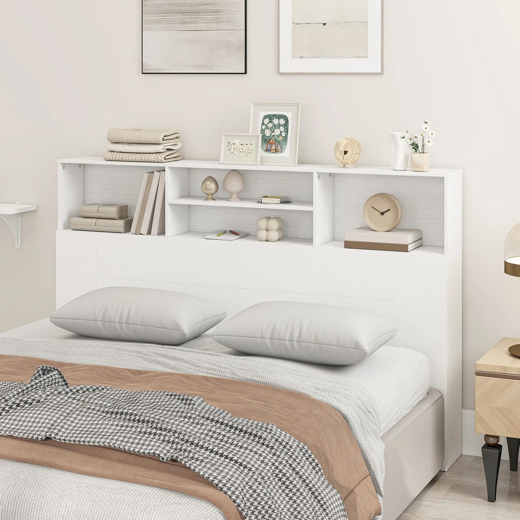 Cabeceira de cama com pés e espaço de arrumação 160 x 20,2 x 108,2 cm, acessório de cama com 4 compartimentos abertos, branco