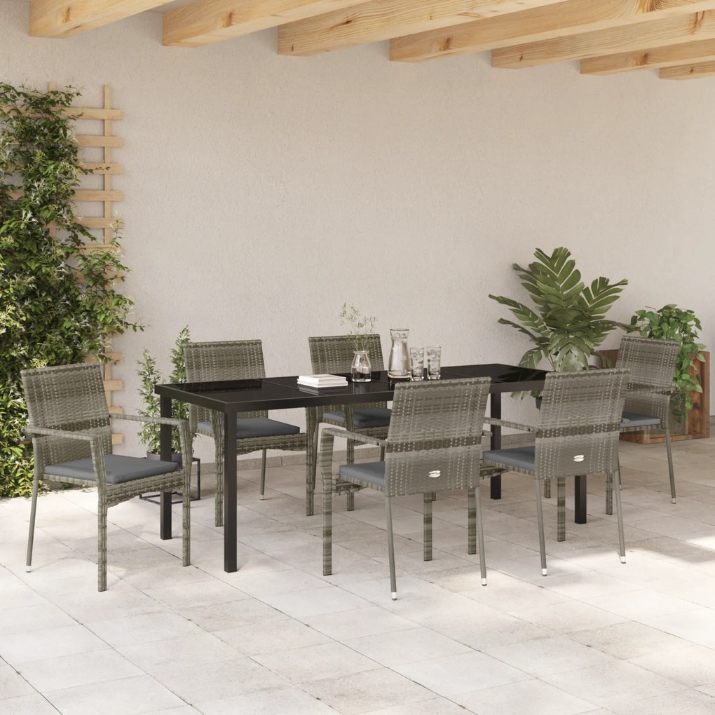 Conjunto de Jantar de Jardim de 7 Peças com Almofadas Cinza Polirattan