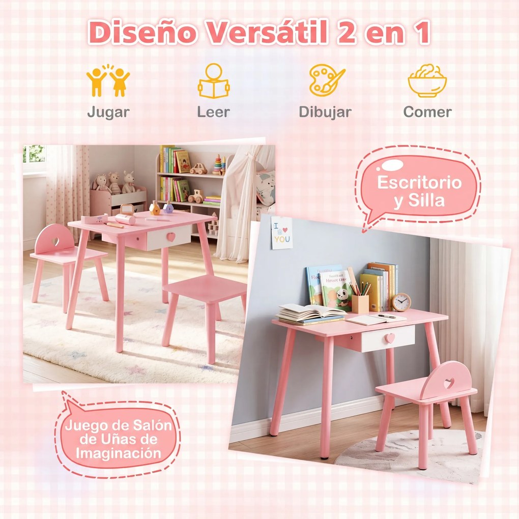 Conjunto de Mesa de Manicure Infantil com Cadeira e Banco, 60 x 34 x 49 cm, Design 2 em 1, Rosa