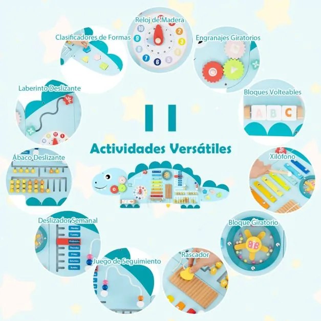 Painel de atividades para crianças Quadro sensorial Montessori de madeira 11 em 1 para a educação e o desenvolvimento precoce Azul