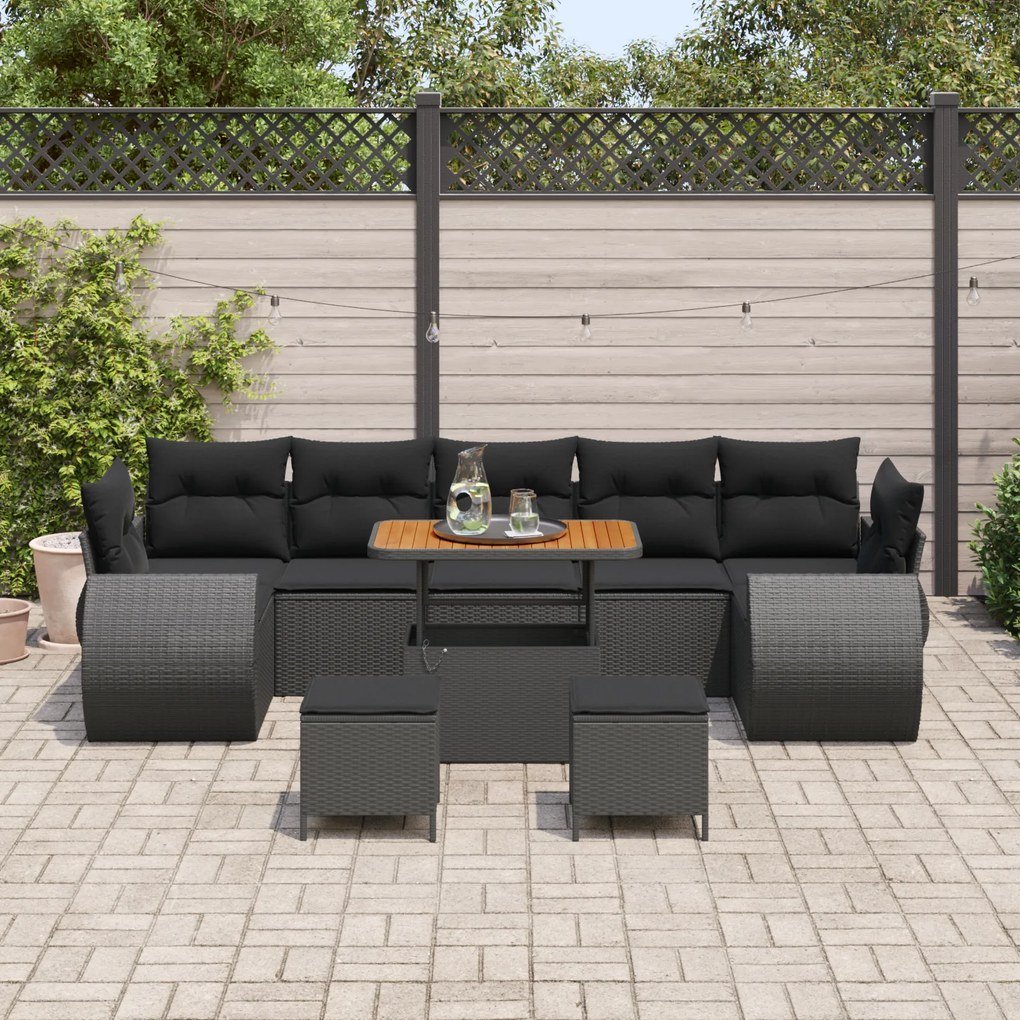 Conjunto de Sofá Jardim vidaXL de 10 Peças com Almofadas Preto Poli Ra