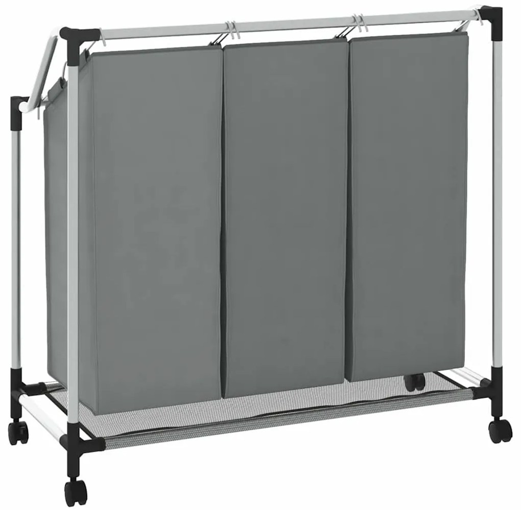 Cesto para roupa suja com rodas 3 compartimentos cinzento