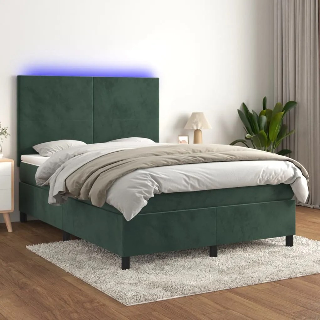 Cama box spring c/ colchão/LED 140x200 cm veludo verde-escuro