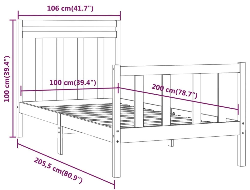 Estrutura de cama 100x200 cm pinho maciço