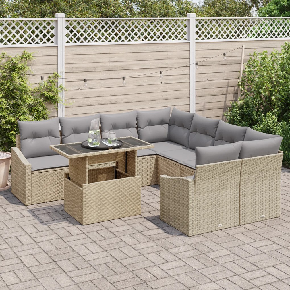Conjunto de Sofá de Jardim 9 Peças com Almofadas Bege em Polyrattan