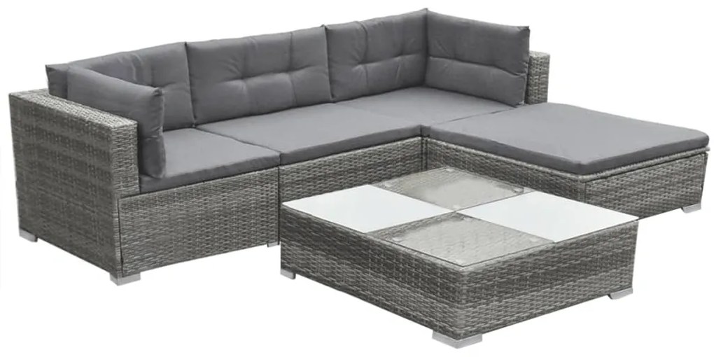 5 pcs conjunto lounge de jardim c/ almofadões vime PE cinzento
