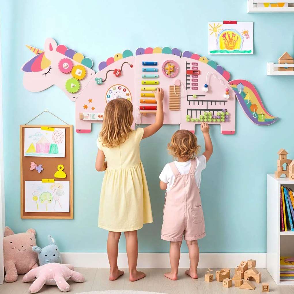 Painel de atividades Unicórnio 11 em 1 de madeira Montessori sensorial para educação infantil e sala de jogos rosa