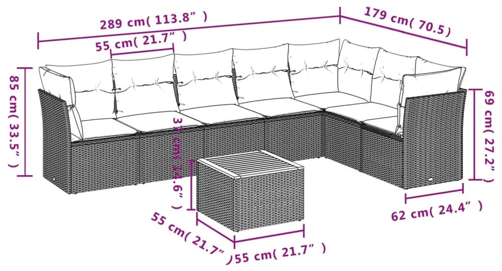 8 pcs conjunto sofás de jardim com almofadões vime PE preto