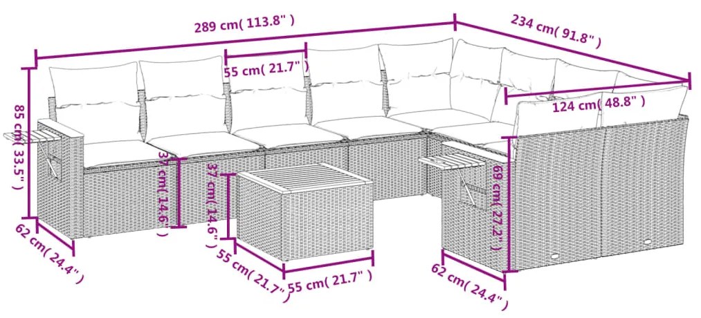 10 pcs conjunto sofás de jardim c/ almofadões vime PE preto