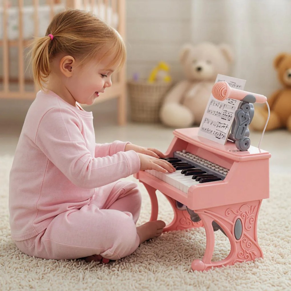 Piano de 25 teclas para crianças 30,5 x 17,5 x 32,5 cm com atril e microfone Brinquedo educativo para aprendizagem precoce 3+ anos Rosa