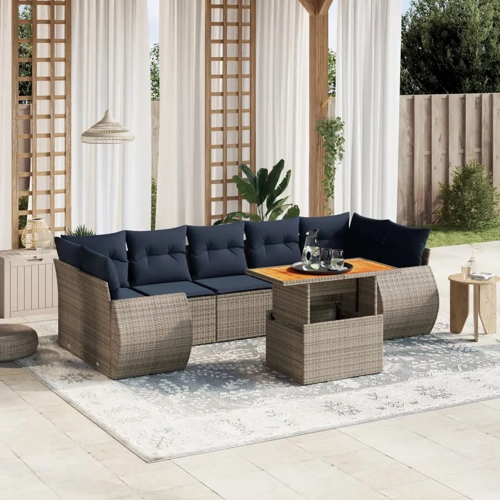 vidaXL 8 pcs conjunto sofás p/ jardim c/ almofadões vime PE cinzento