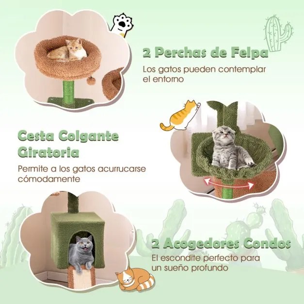 Arranhador para gatos desenho Cactos 160cm com tabuleiro multi-nível e postes para arranhar Condomínio Verde e Castanho