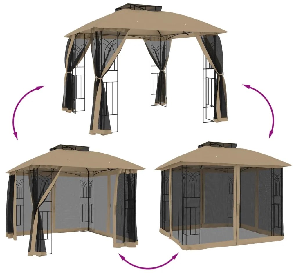 Gazebo c/ teto duplo/paredes de malha aço cinzento-acastanhado