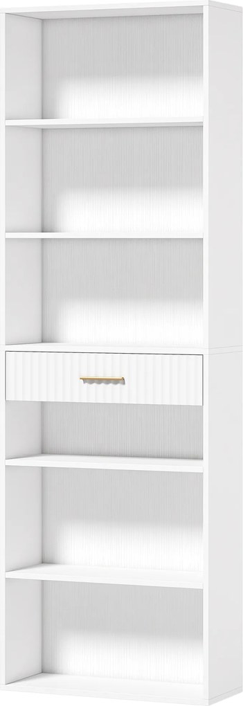 Estante para Livros Alta e Estreita, Estante de 7 Níveis com Gaveta, 6 Compartimentos Abertos, 60x24x182 cm, Branco