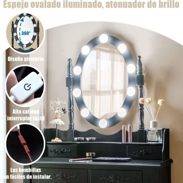 Conjunto de Toucador com 10 luzes LED Espelho iluminado Interruptor tátil Iluminação ajustável 4 gavetas e banco almofadado Preto