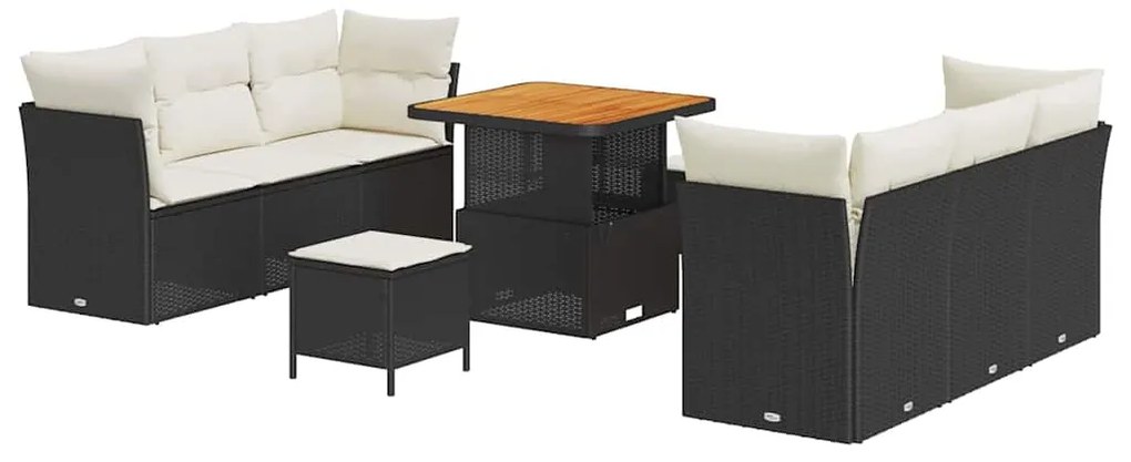 Conjunto de Sofá de Jardim vidaXL 9 Peças com Almofadas Preto Polyratt