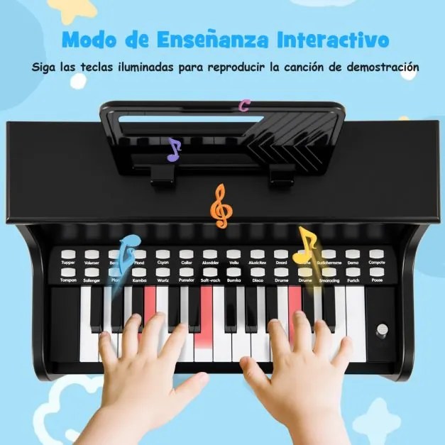 Piano de brincar com 25 teclas para crianças 38 x 24 x 47 cm, com banco e suporte, velocidade e volume ajustáveis, modo de aprendizagem, design em mad