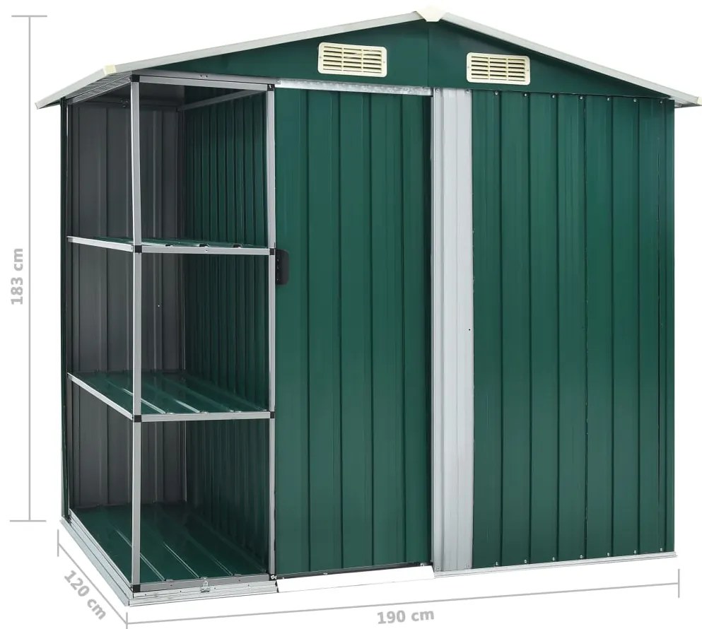 Abrigo de jardim c/ prateleiras 205x130x183 cm ferro verde