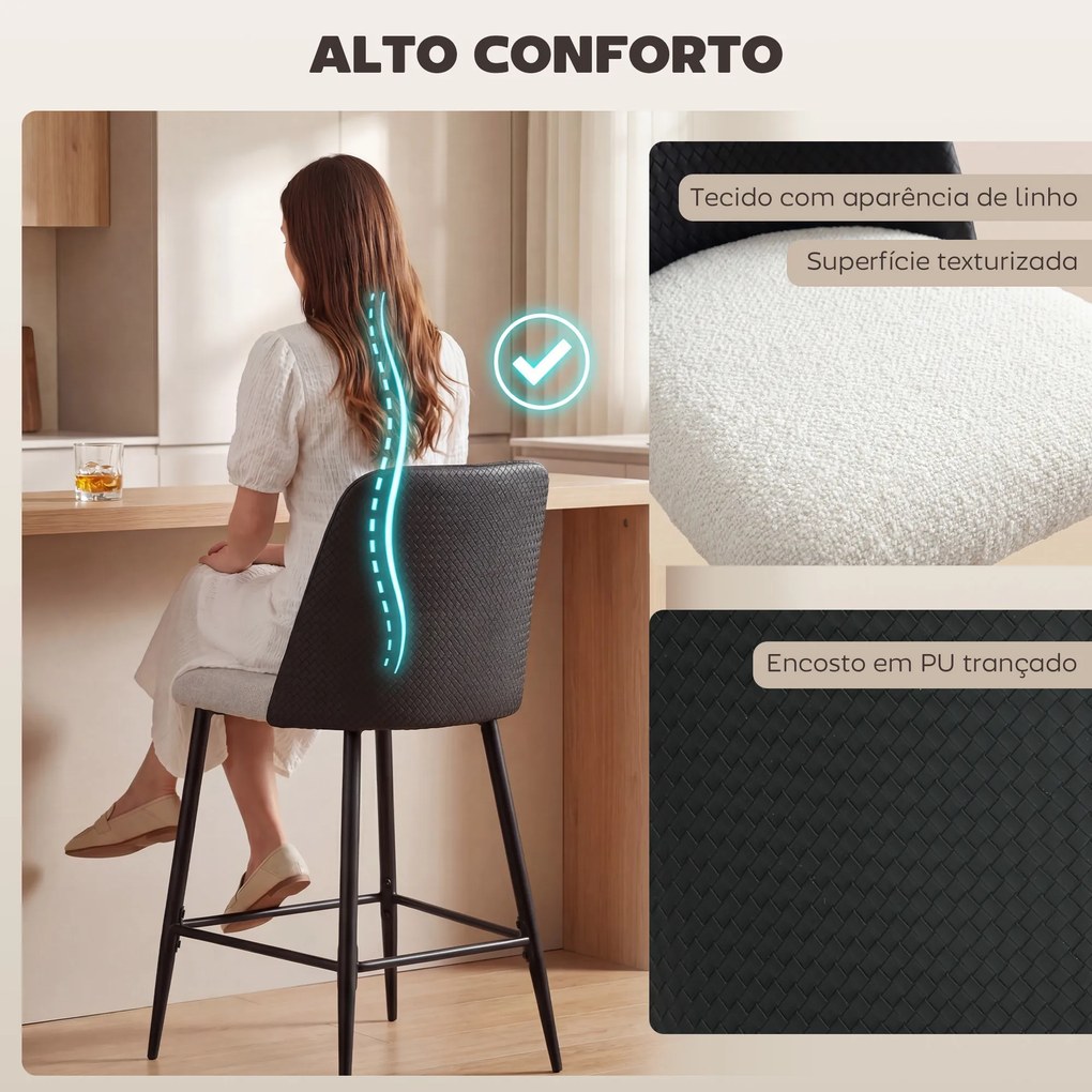 Conjunto de Bancos Altos de Cozinha com Encosto e Descanso para os Pés Revestidos em Linho e PU Estrutura de Aço Preto