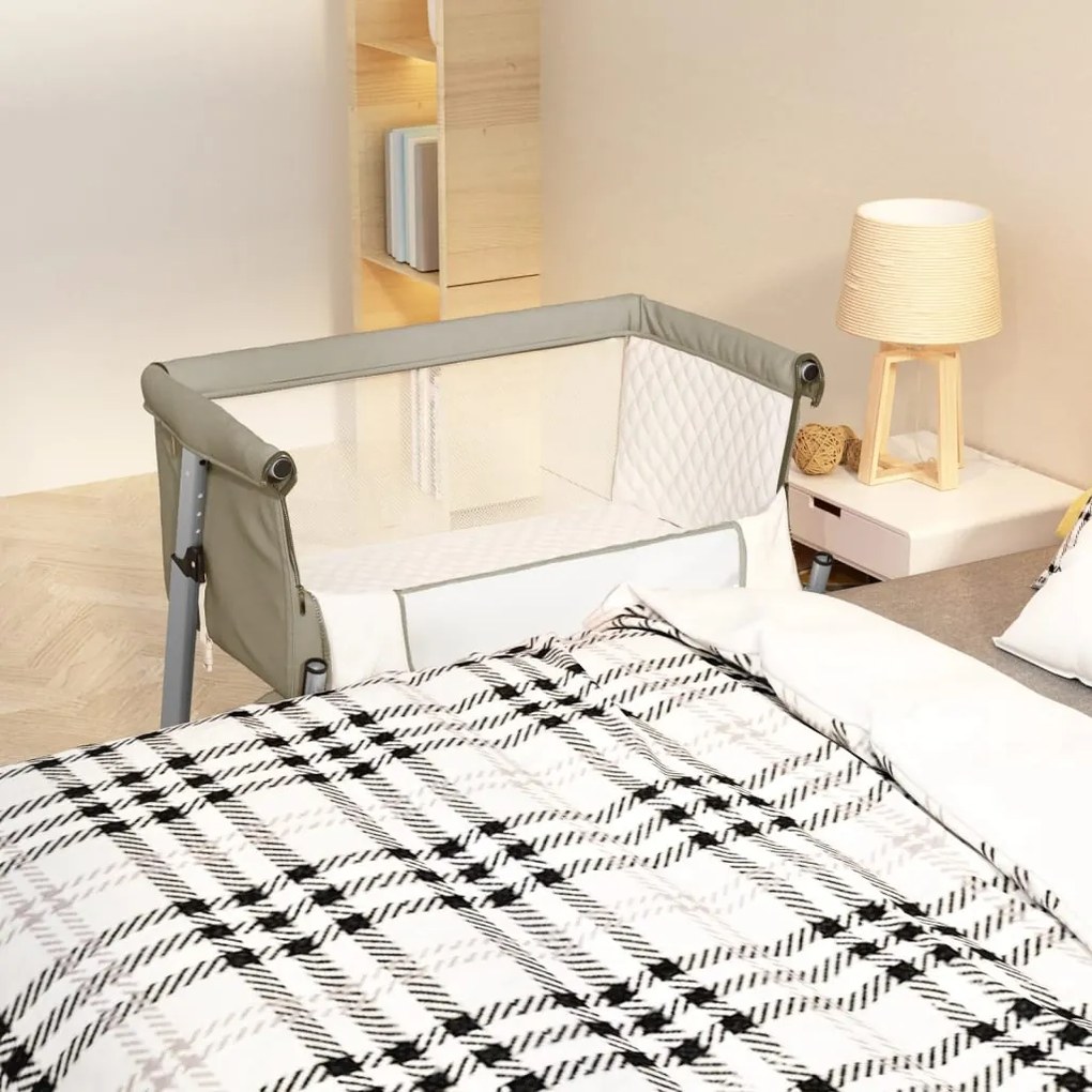 10297 vidaXL Cama de bebé com colchão tecido de linho cinza-acastanhado