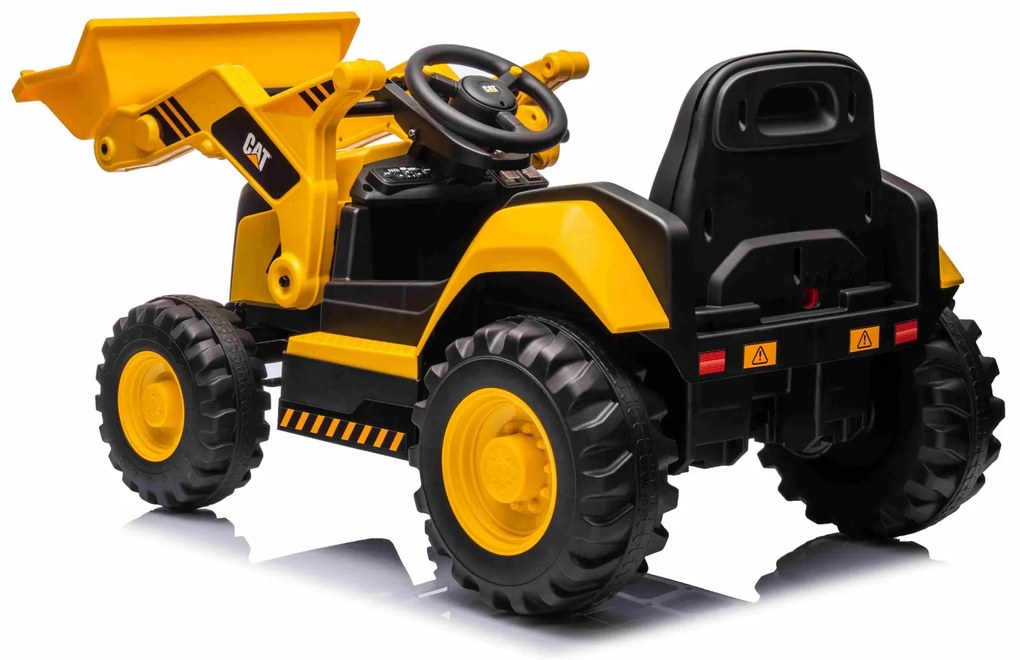 Escavadora eléctrica Crianças 12V Caterpillar licenciado, com Pá Frente, assento individual, cor amarela, entrada USB para leitor de MP3, tração trase