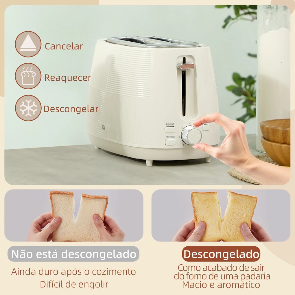Conjunto de Torradeira e Jarro de Água Elétrico de Aço Inoxidável 2200W 1,7L Torradeira de Pão 2 Fatias 3 Funções Creme