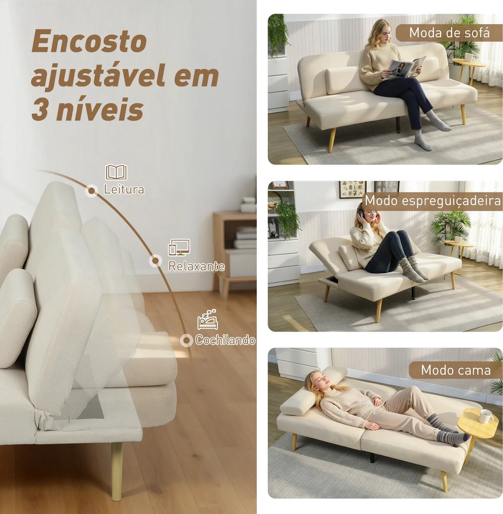 Sofá Cama de 3 Lugares com Mesa Auxiliar 3 em 1 com Encosto Ajustável Abertura Click-Clack 196x86x81 cm Bege