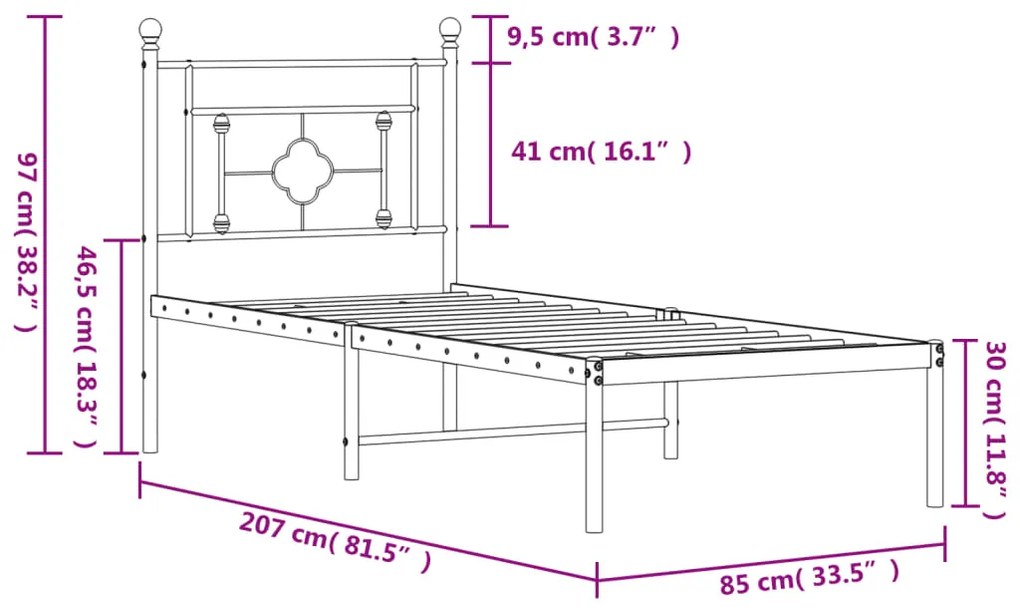 Estrutura de cama com cabeceira 80x200 cm metal preto