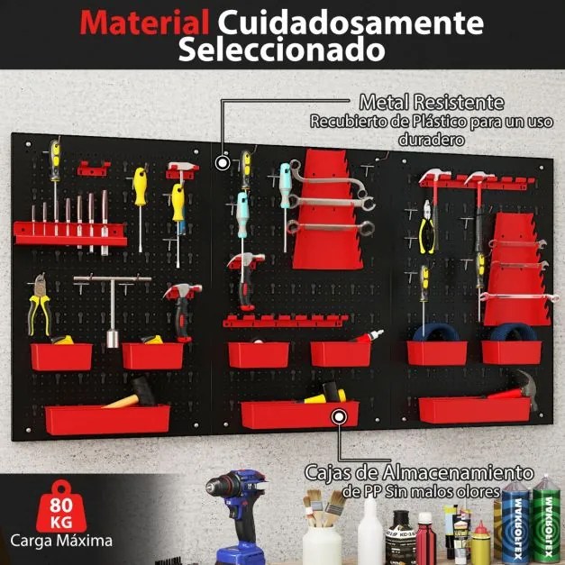Organizador de parede ferramentas (Não incluidas) 120 x 60 x 2 cm com painel perfurado com 9 recipientes Suportes para martelos Preto e vermelho