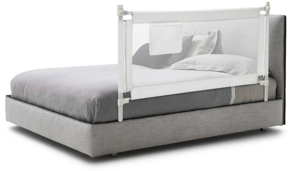Barra de segurança infantil com grade de cama infantil de 145 cm com cinto de elevação vertical de algodão anticolisão com 24 alturas ajustáveis branc