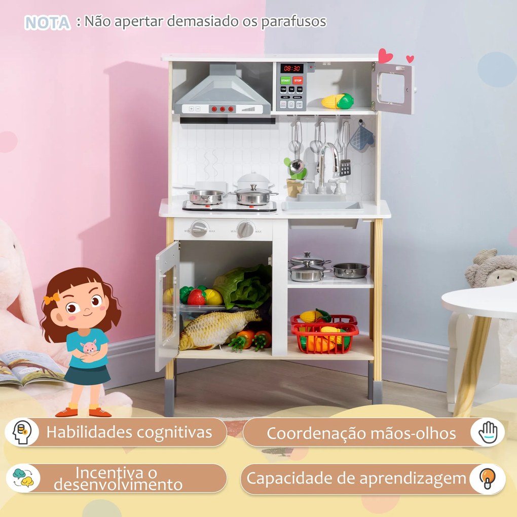 AIYAPLAY Cozinha Infantil de Madeira Cozinha para Crianças acima de 3 Anos com Altura Ajustável Luz Sons Lavatório Fogão Forno 60x30,5x93,2cm Branco e
