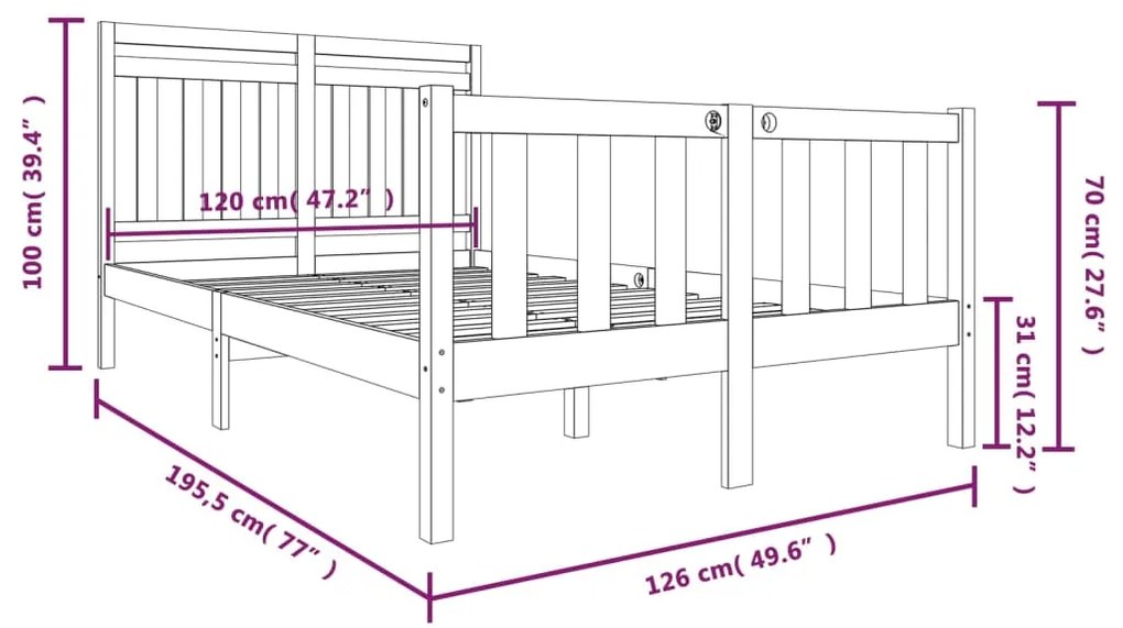 Estrutura de cama pequena casal 120x190 cm pinho maciço