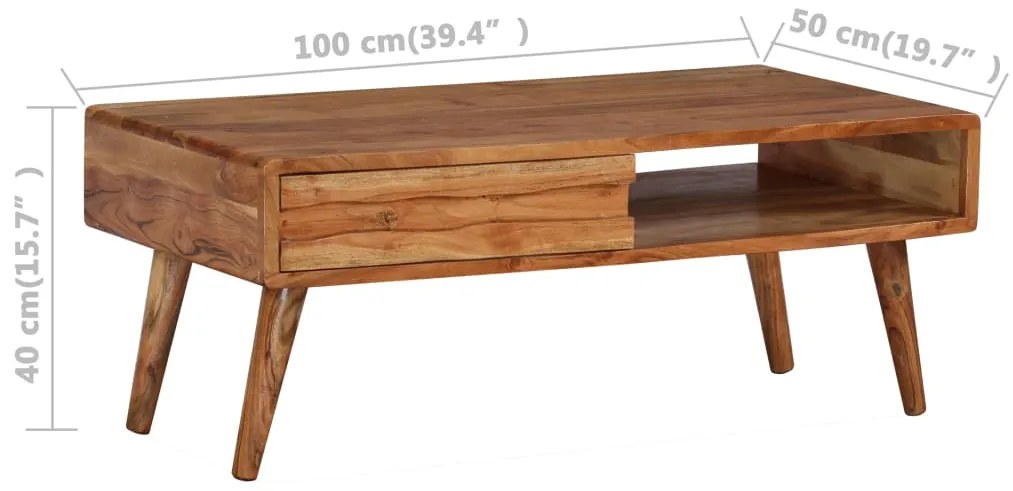 Mesa de centro madeira maciça com gaveta esculpida 100x50x40 cm